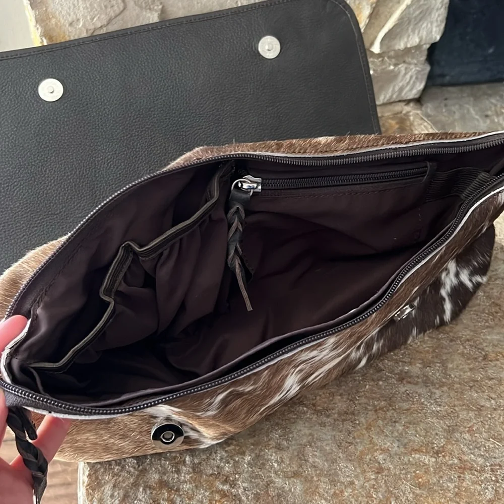 Cowhide Zip Cosmetic Pouch - Brown and White